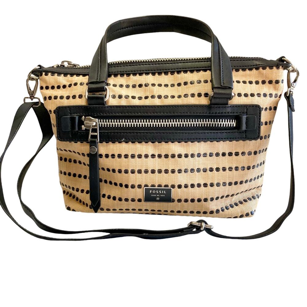 Fossil Dawson Satchel Light Tan Black Trim Silvertone Chuncky Hardware Polka Dot